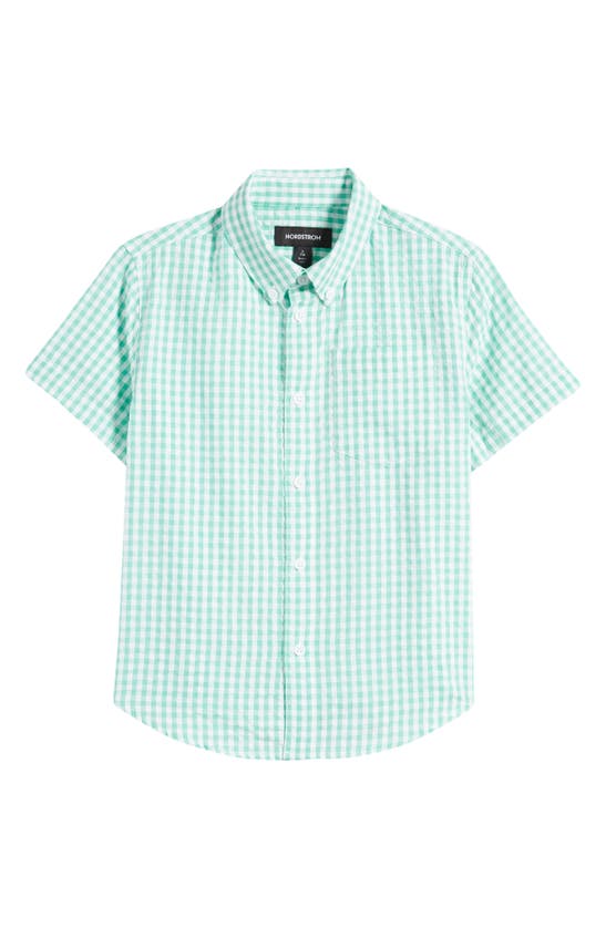 Nordstrom Kids' Short Sleeve Cotton Gingham Button-down Shirt In Teal Stone Gingham