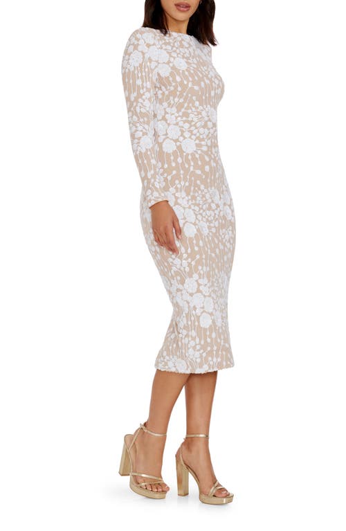 Shop Dress The Population Emery Sequin Long Sleeve Body-con Midi Dress In White/beige