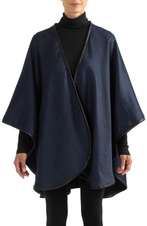 Leather Trim Reversible Cashmere Cape in Blue Black