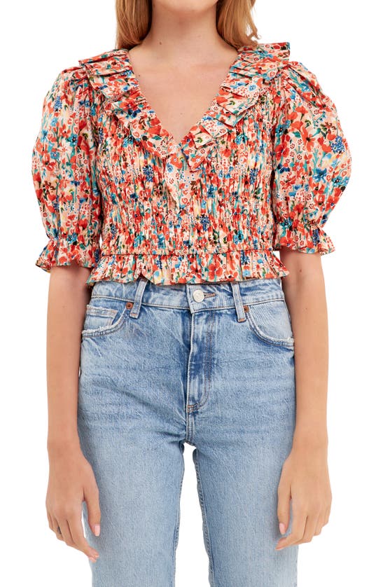 English Factory Floral Smocked Ruffle Cotton Top In Peach Multi
