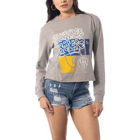 Women's The Wild Collective Gray Atlanta Braves Cropped Long Sleeve T-Shirt Size: Extra Small