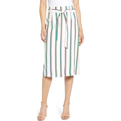 Petite Halogen Tie Waist Stripe Midi Skirt, White