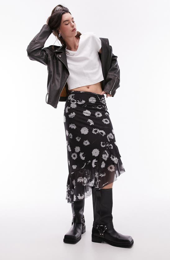Shop Topshop Floral Mesh Asymmetric Midi Skirt In Black Multi