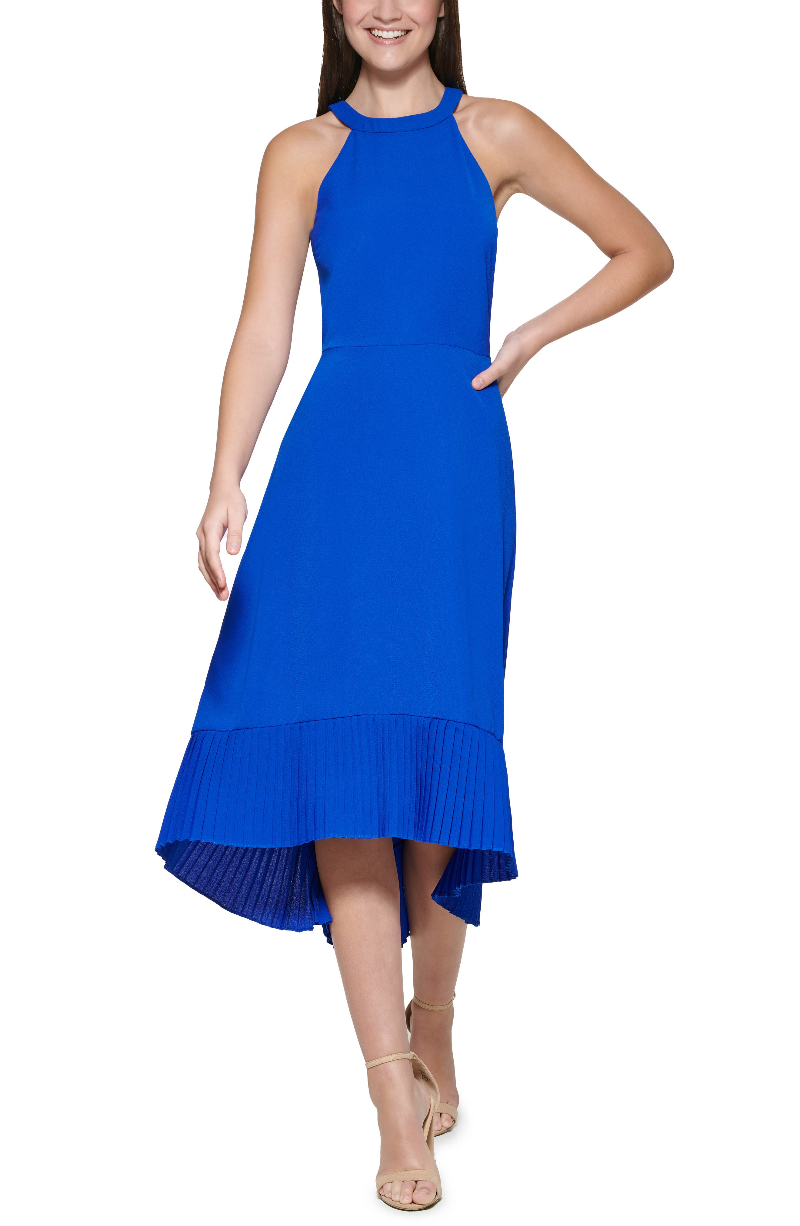 kensie halter neck ruffle dress