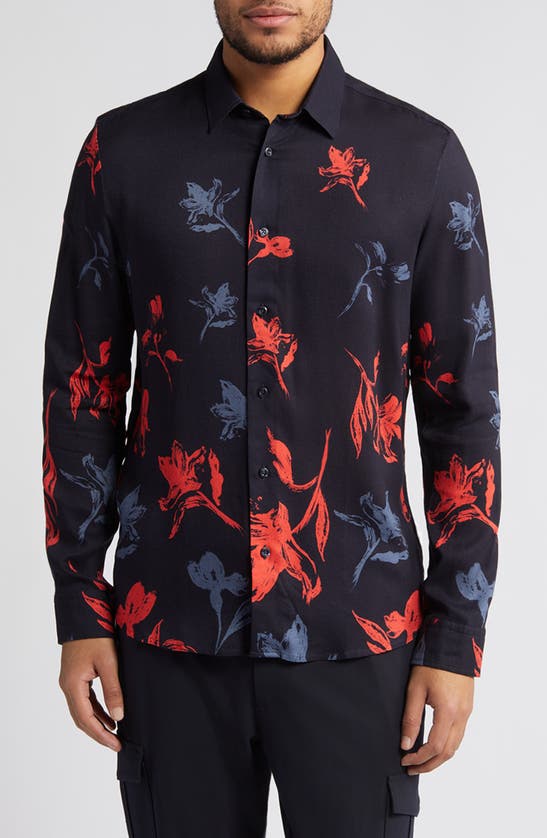 Shop Hugo Emero Straight Fit Floral Button-up Shirt In Dark Blue