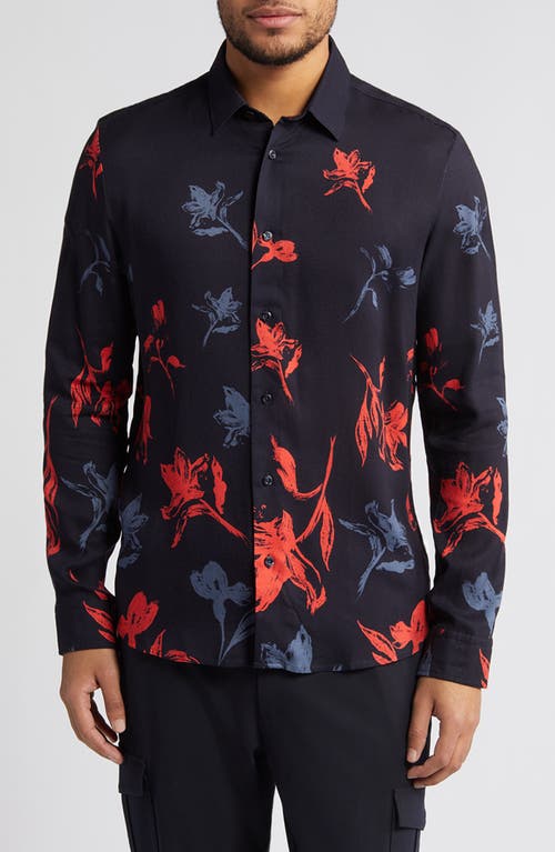 HUGO Emero Straight Fit Floral Button-Up Shirt Dark Blue at Nordstrom,