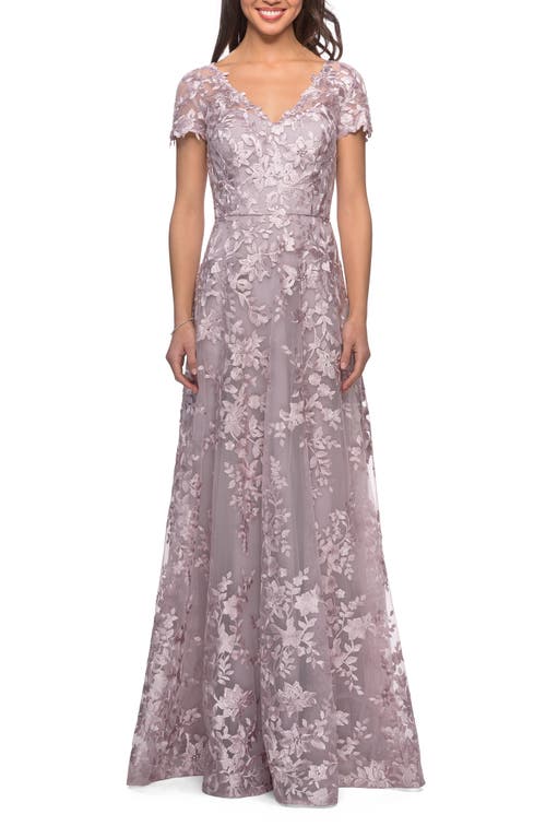 La Femme Long Lace Evening Dress with Cap Sleeves in Antique Blush 