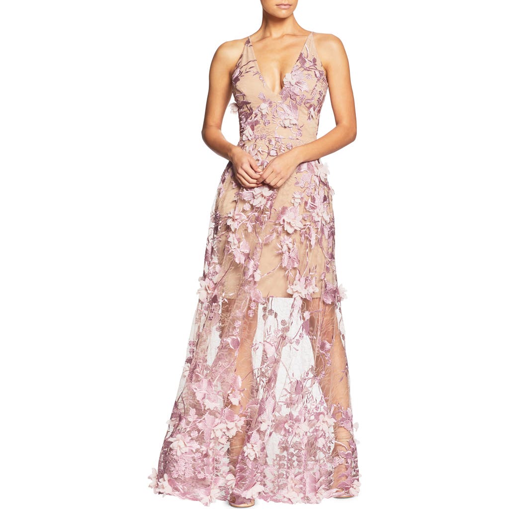 Dress The Population Sidney Deep V-neck 3d Lace Gown In Pink