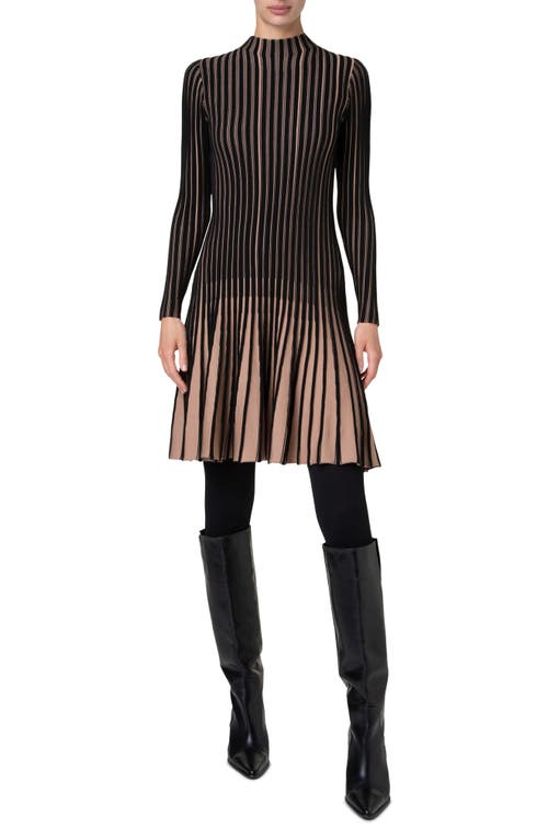 Akris Punto Stripe Long Sleeve Merino Wool Rib Sweater Dress In Black-caramel