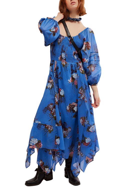 Shop Free People Morning Glory Floral Smocked Long Sleeve Maxi Dress In Dutch Blue Combo