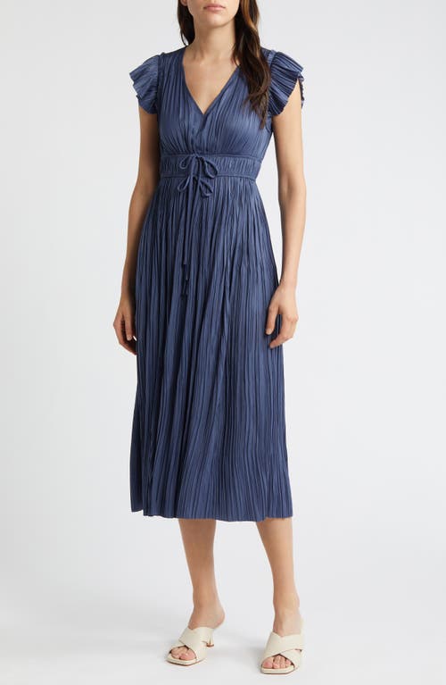 Shop Moon River Pleated Tie Waist Midi Dress In Navy