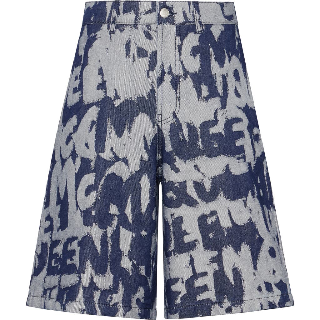 Alexander Mcqueen Graffiti Printed Bermuda Denim Shorts In Indigo