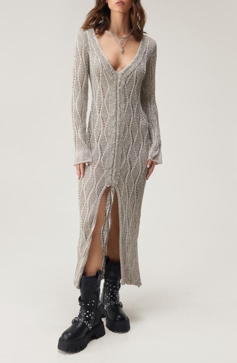 Metallic Open Stitch Long Sleeve Sweater Dress