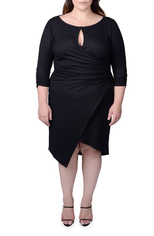 Lina Keyhole Ruched Faux Wrap Dress in Black