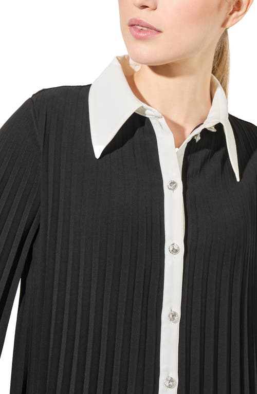 Ming Wang Pleated Mini Shirtdress In Black/white