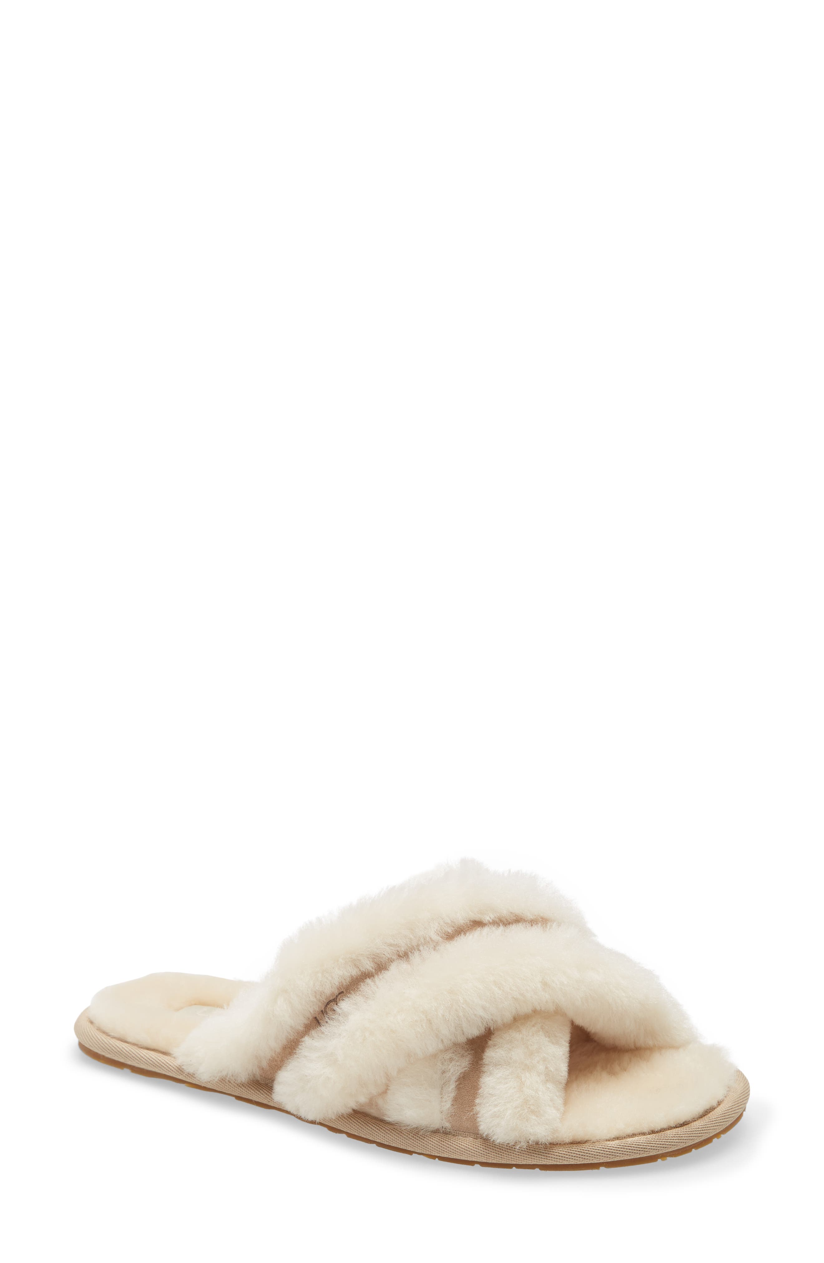 beige fluffy slides