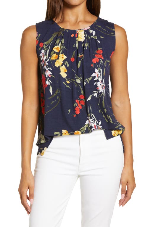 Loveappella Floral Print Pleat Neck Knit Shell in Navy