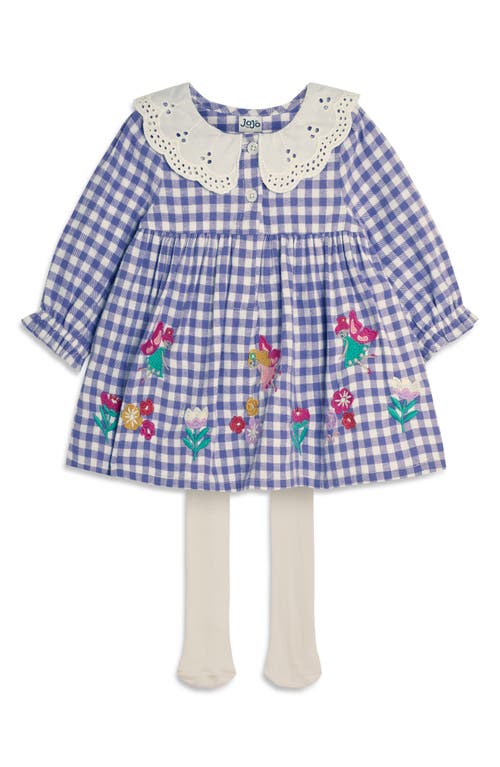 Shop Jojo Maman Bébé Jojo Maman Bebe Fairy Appliqué Long Sleeve Cotton Gingham Dress & Tights Set In Lilac