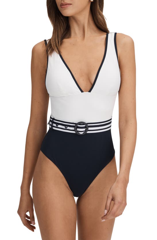 Shop Reiss Willow Belted One-piece Swimsuit In White/ Navy