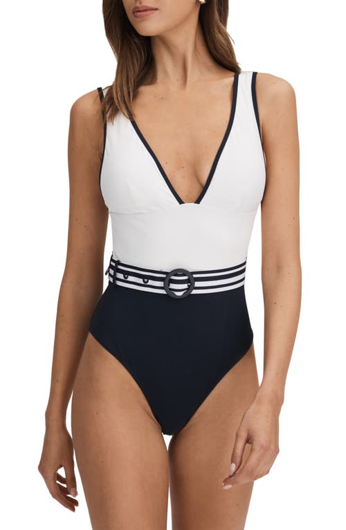 Shop Reiss Willow Belted One-piece Swimsuit In White/navy