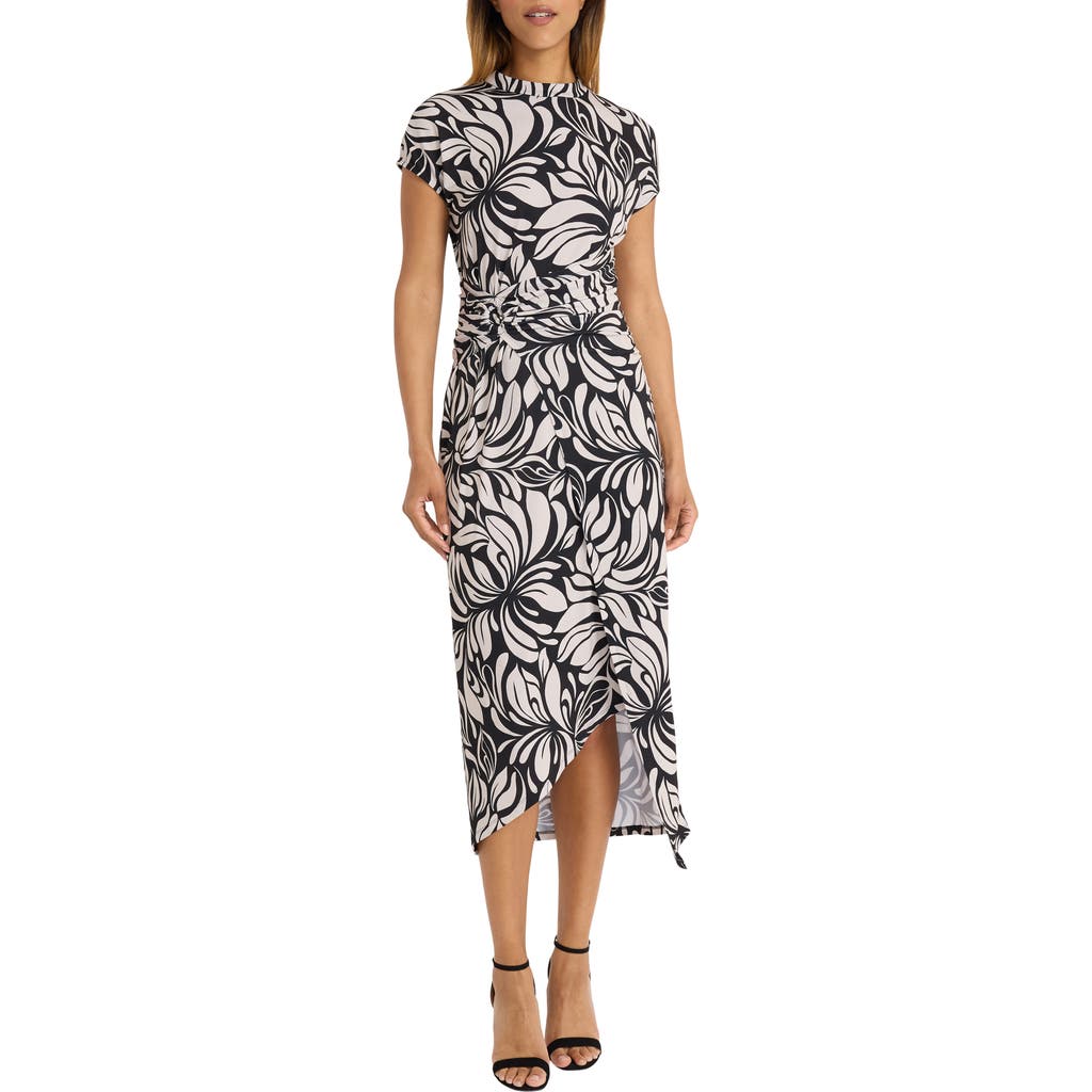 Shop Donna Morgan For Maggy Leaf Asymmetric Midi Dress In Black/tan
