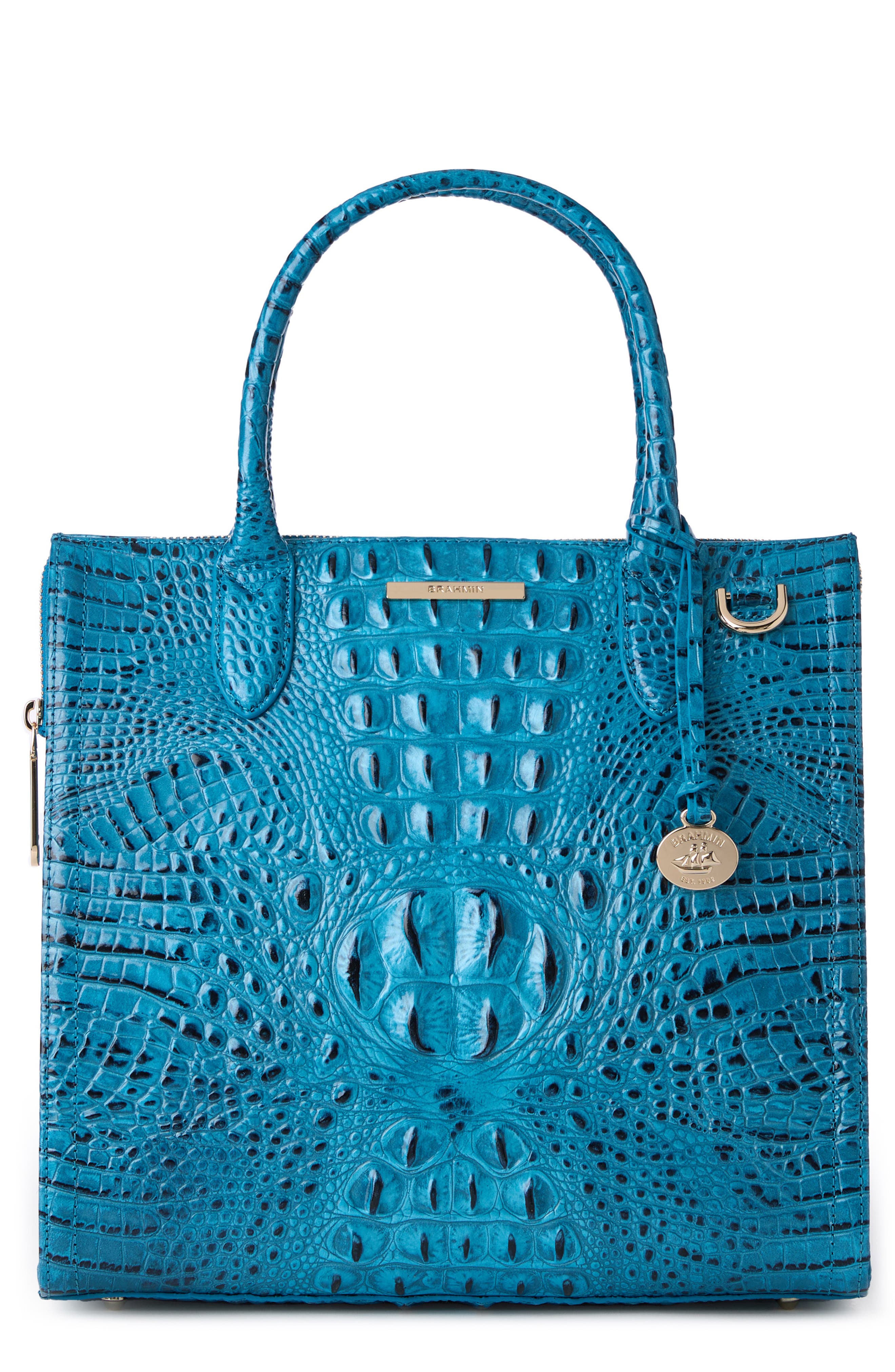 Brahmin Caroline Croc Embossed Leather Satchel in Vibrant Azure 