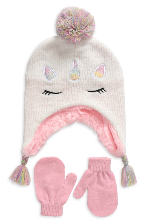 Capelli New York Kids' Faux Fur Lined Pompom Earflap Cap & Magic Mittens Set in Pale Multi 