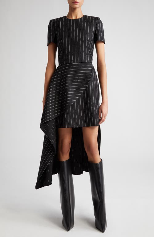 Alexander McQueen Broken Pinstripe Drape Panel Wool Minidress in 1157 Grey - Ivory at Nordstrom, Size 6 Us