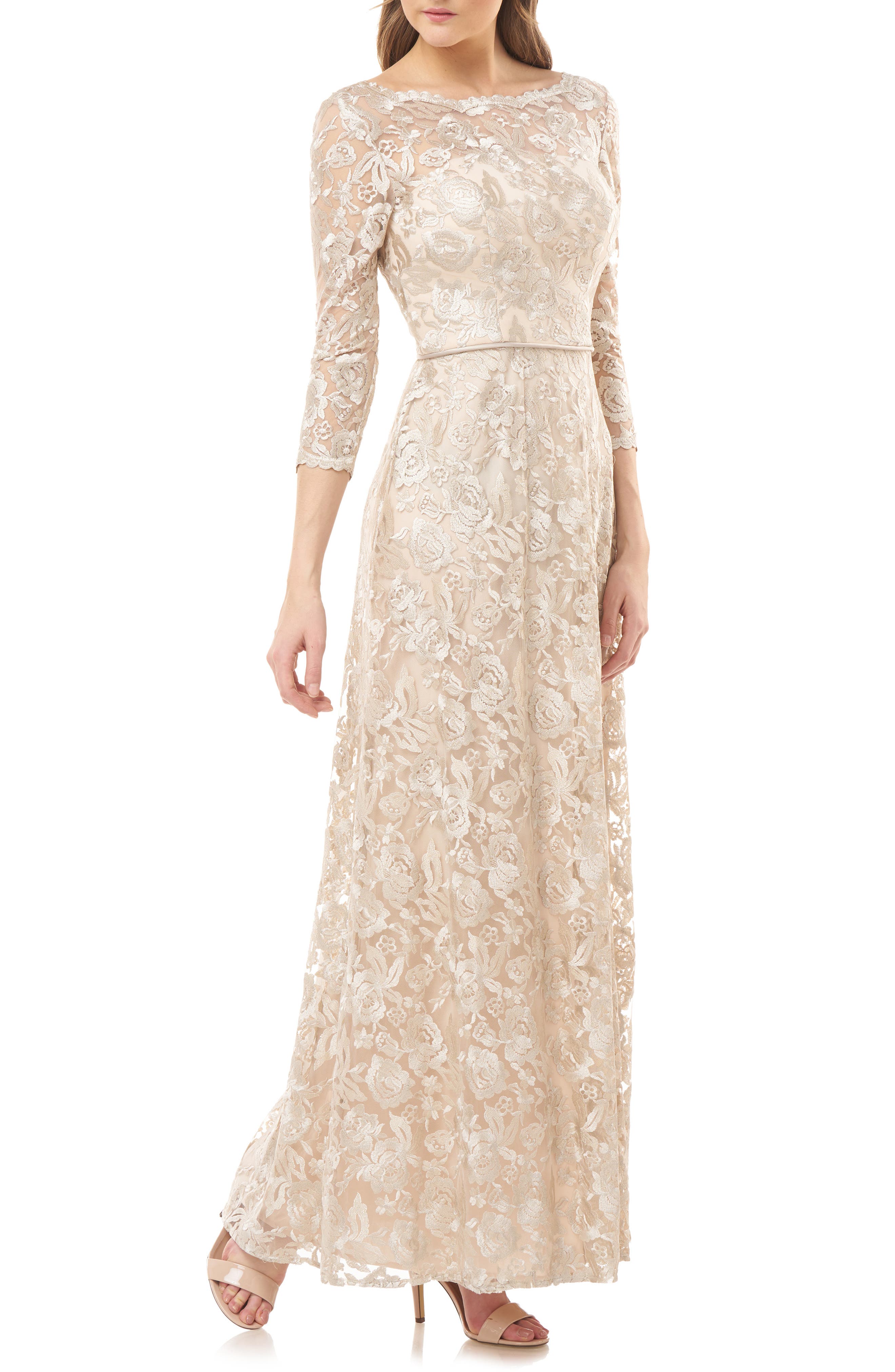 js collections embroidered illusion bodice gown