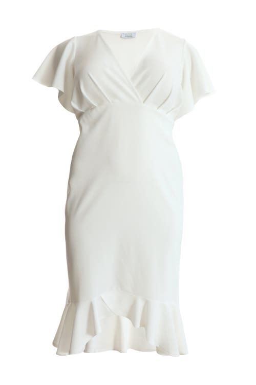 Quiz V-neck Frill Hem Midi Dress In White