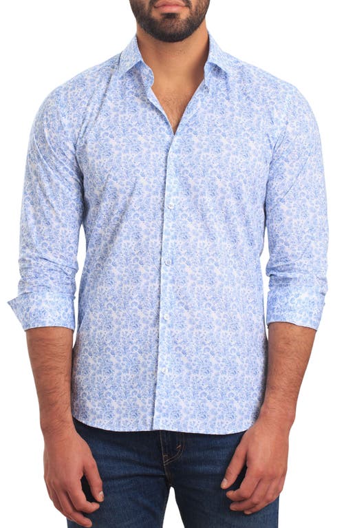 Jared Lang Trim Fit Floral Cotton Button-Up Shirt in White And Blue at Nordstrom, Size Medium