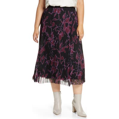 Plus Size Halogen Pleated Chiffon Midi Skirt, Black