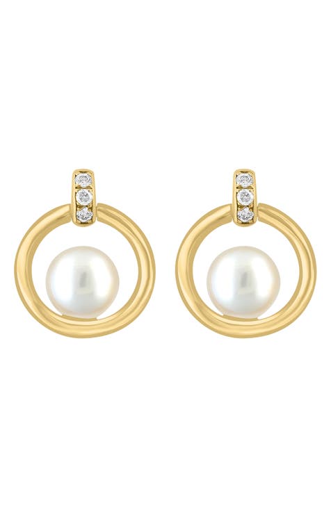 14K Yellow Gold Diamond & 5.5mm Freshwater Pearl Drop Earrings - 0.06ct.