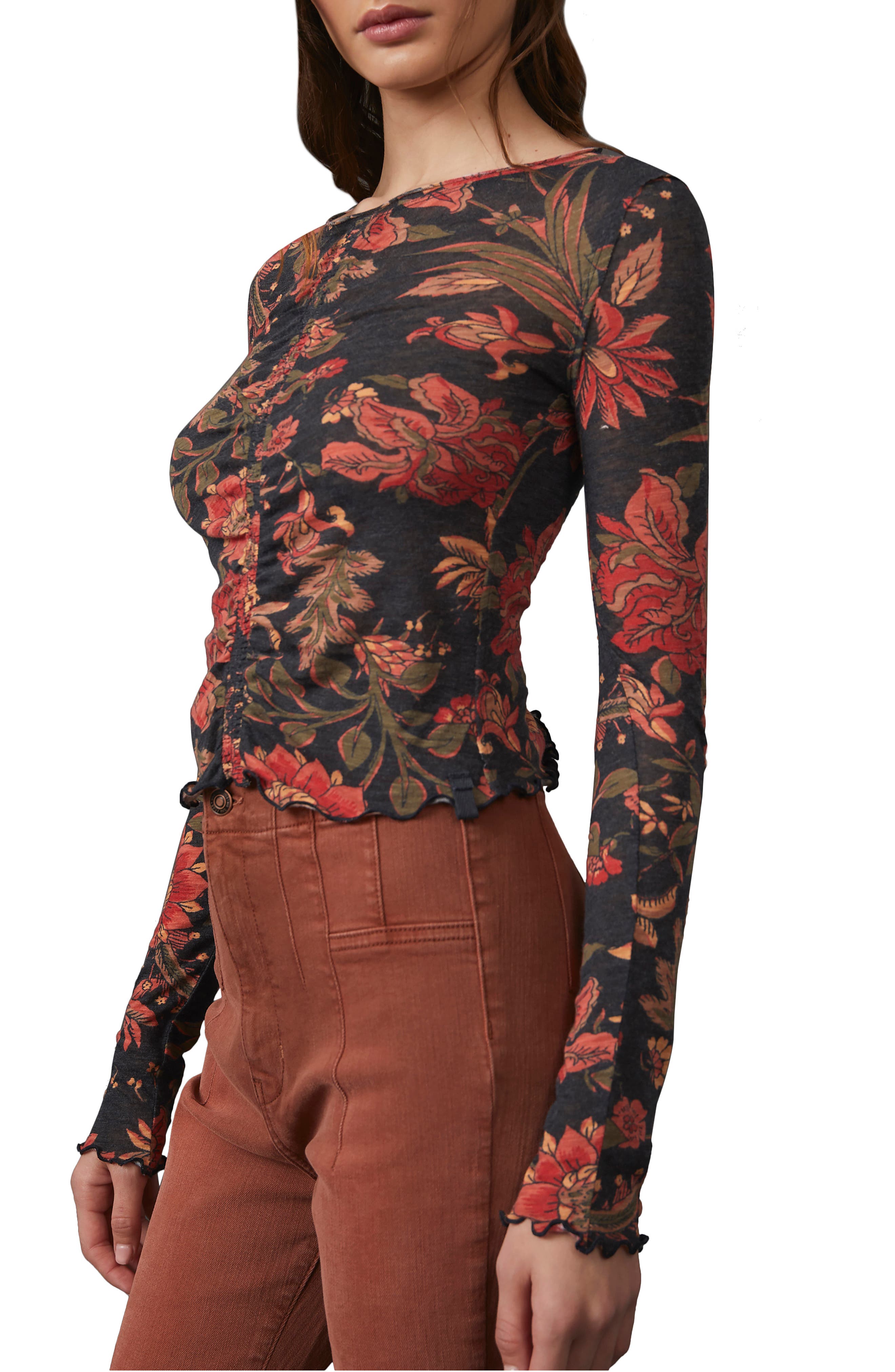 Free People Dreamed of You Floral Ruched Long Sleeve Top in Dusk Combo