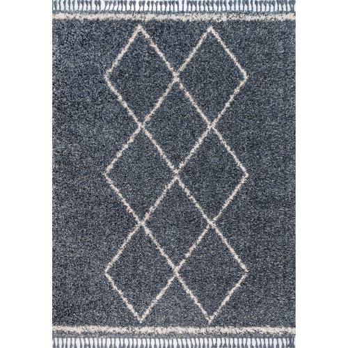 Jonathan Y Mercer Shag Plush Tassel Moroccan Geometric Trellis Denim Area Rug In Denim Blue/cream