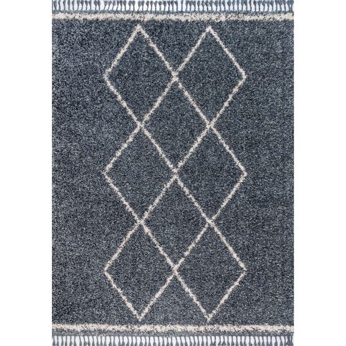 Jonathan Y Mercer Shag Plush Tassel Moroccan  Geometric Trellis Denim Area Rug In Denim Blue/cream