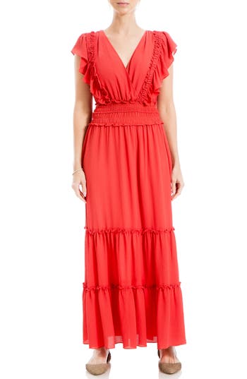 Shop Max Studio Pebble Crepe Flutter Sleeve Maxi Dress In Washed Red