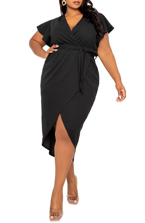 Flutter Sleeve High-Low Faux Wrap Dress (Plus Size)