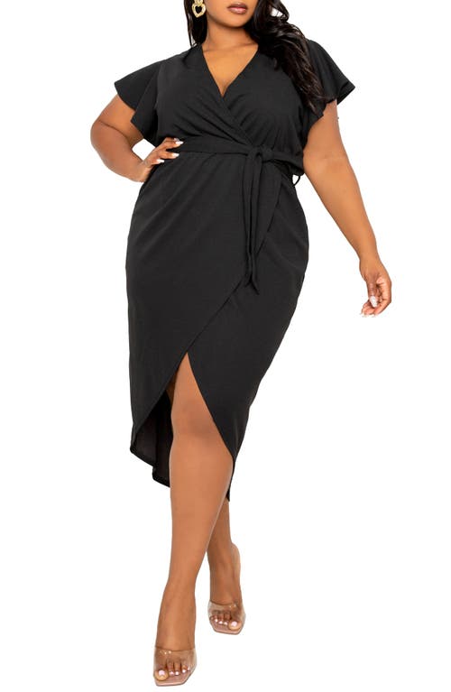 Flutter Sleeve High-Low Faux Wrap Dress in Black