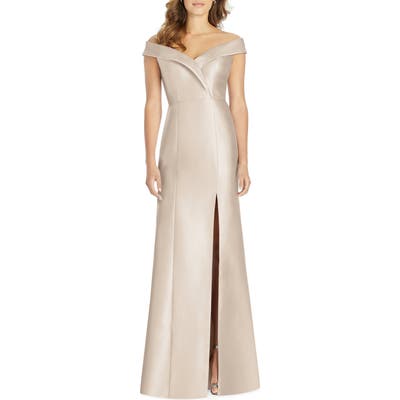 Alfred Sung Portrait Collar Satin Gown, Beige