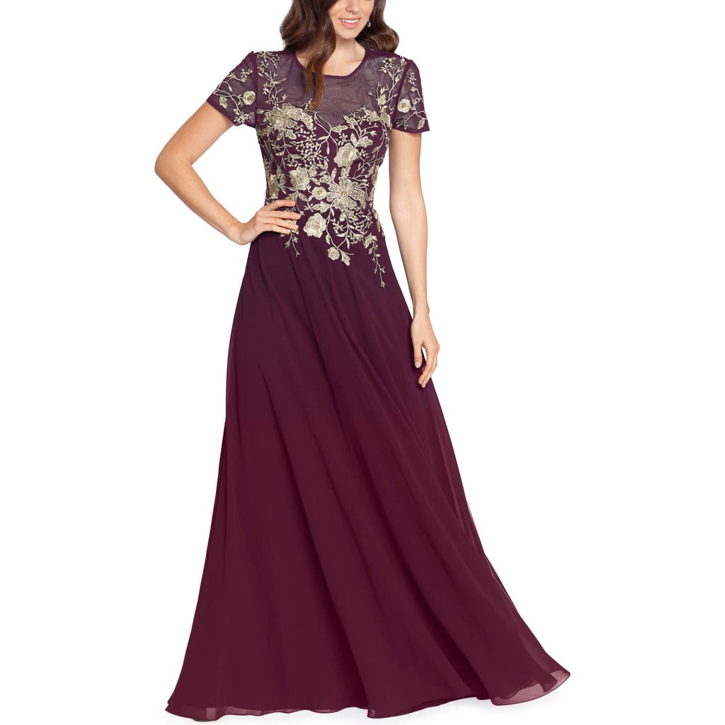 Betsy & Adam Besty & Adam Metallic Floral Fit & Flare Gown In Wine/gold