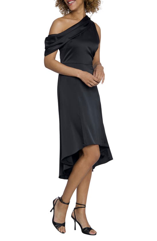 Shop Maggy London Asymmetric High-low Satin Midi Dress In Black