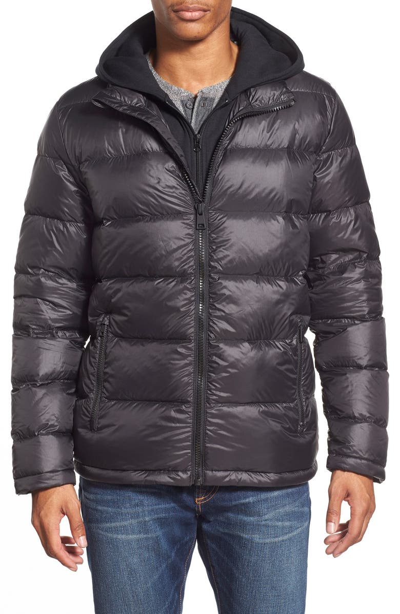 Black Rivet Quilted Down Puffer Jacket with Removable Knit Hooded Zip ...