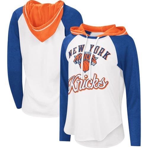 Women's G-III 4Her by Carl Banks White New York Knicks MVP Raglan Hoodie Long Sleeve T-Shirt