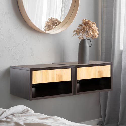 Jonathan Y Elise Classic Contemporary Floating Wall Mounted Nightstand With Soft-close Tambour Drawe In Black/light Oak