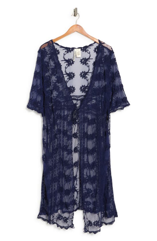 Forgotten Grace Embroidered Mesh Duster In Navy