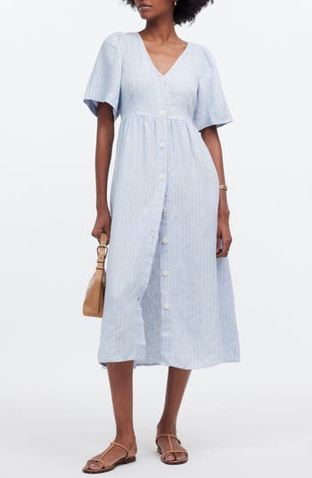 MADEWELL MADEWELL CASSIE STRIPE BUTTON FRONT LINEN MIDI DRESS 
