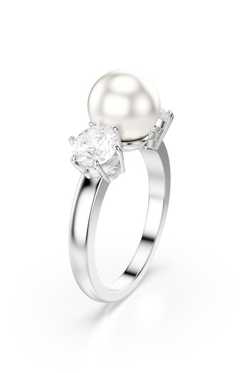 Swarovski Matrix Crystal & Imitation Pearl Cocktail Ring In Rhodium Plated In Silver/white