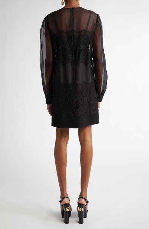 Shop Dolce & Gabbana Dolce&gabbana Lace Paneled Long Sleeve Sheer Silk Blend Organza Dress In N0000 Nero