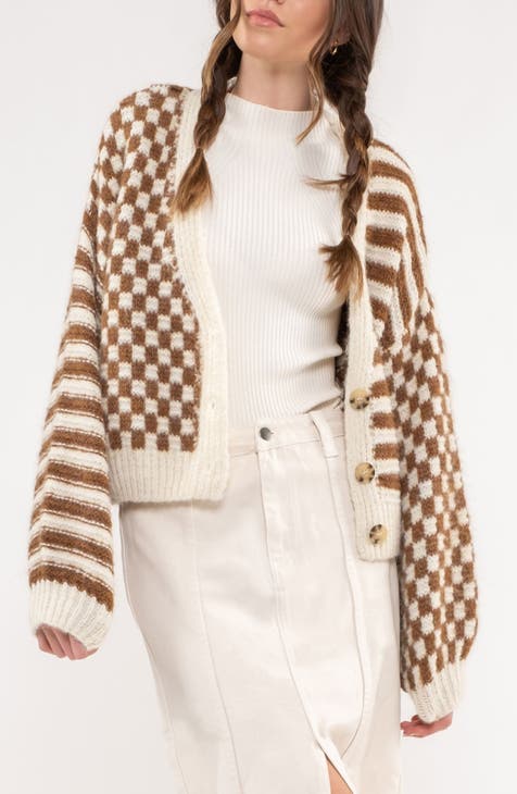 Stripe Check Balloon Sleeve Cardigan